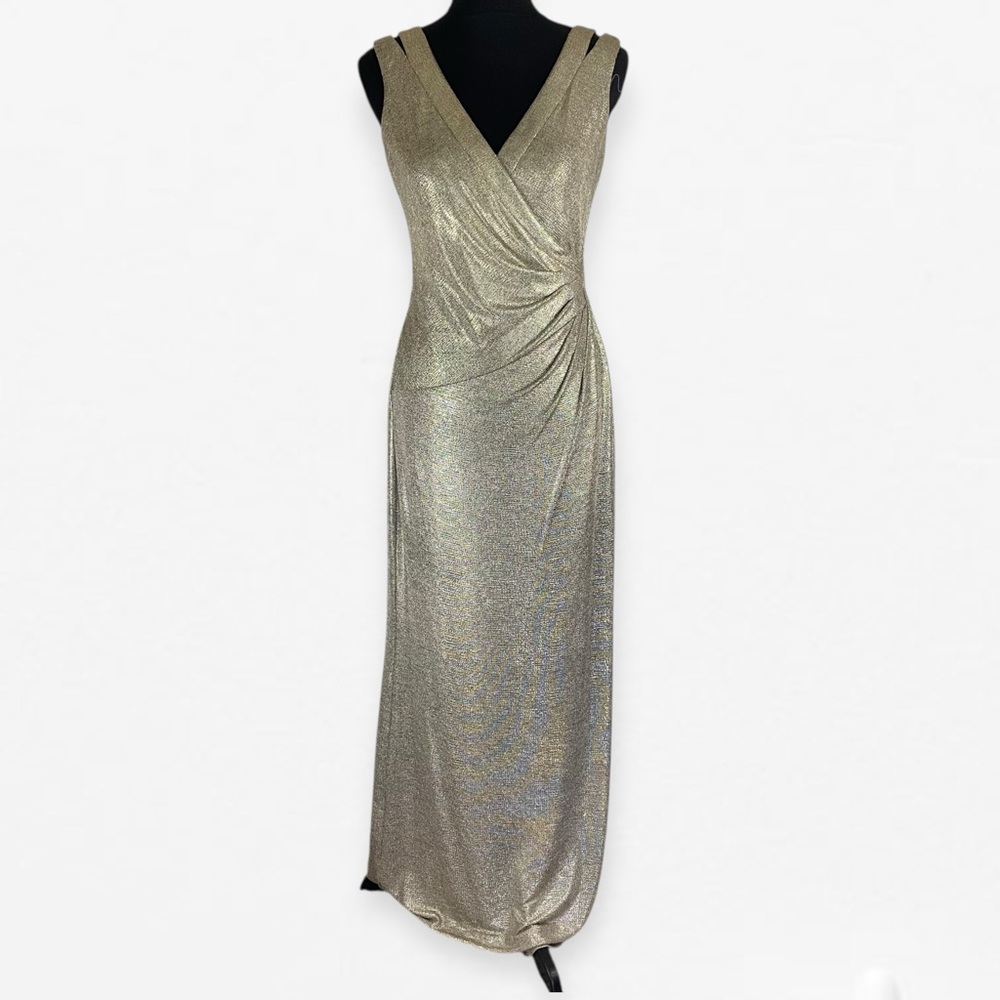 Lauren Ralph Lauren Metallic Silver Maxi Long Evening Dress Gown 8